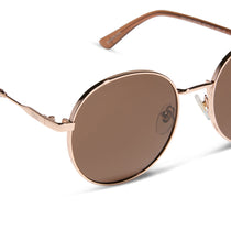 dime optics featuring the silverlake round sunglasses with a champagne gold frame and brown tint lenses detailed view