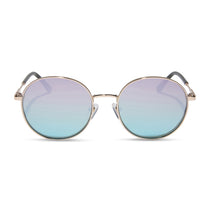 dime optics featuring the silverlake round sunglasses with a gold frame and wisteria mirror light blue purple lenses front view