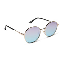 dime optics featuring the silverlake round sunglasses with a gold frame and wisteria mirror light blue purple lenses angled view
