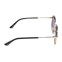 dime optics featuring the silverlake round sunglasses with a gold frame and wisteria mirror light blue purple lenses side view