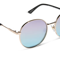 dime optics featuring the silverlake round sunglasses with a gold frame and wisteria mirror light blue purple lenses detailed view