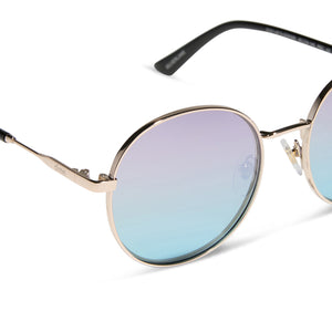 dime optics featuring the silverlake round sunglasses with a gold frame and wisteria mirror light blue purple lenses detailed view