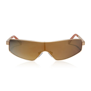 skai jackson x dime optics skyami shield sunglasses with a brushed gold and light brown solid flash polarized lenses front view