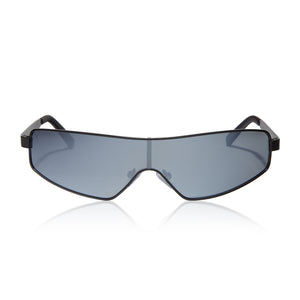 skai jackson x dime optics skyami shield sunglasses with a matte black and grey with silver flash polarized lenses front view
