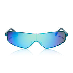 skai jackson x dime optics skyami shield sunglasses with a turquoise and turquoise flash polarized lenses front view