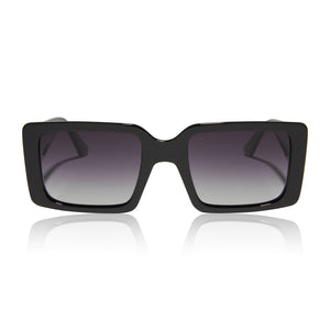 dime optics sunset square sunglasses with a black frame and grey gradient lenses front view
