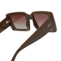 dime optics sunset square sunglasses with a brown frame and brown gradient lenses side view