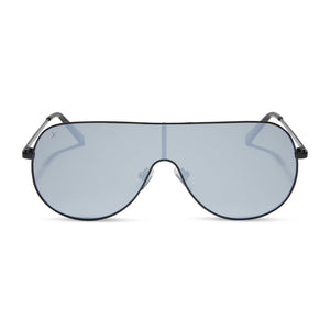 dime optics tarzana shield sunglasses with a black metal frame and grey with silver flash polarized lenses front view