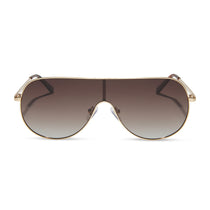 dime optics tarzana shield sunglasses with a brushed gold metal frame and brown gradient polarized lenses front view