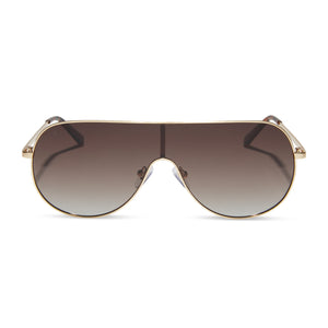 dime optics tarzana shield sunglasses with a brushed gold metal frame and brown gradient polarized lenses front view