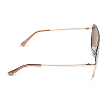 dime optics tarzana shield sunglasses with a brushed gold metal frame and gold mirror polarized lenses side view