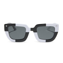 wednesday x dime optics featuring the wednesday addams square sunglasses with a black and white frame with grey polarized lenses front view