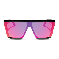 dime optics unlocked shield sunglasses with a black frame and a sunset mirror lenses front view