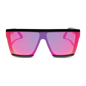 dime optics unlocked shield sunglasses with a black frame and a sunset mirror lenses front view