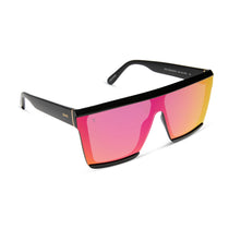 dime optics unlocked shield sunglasses with a black frame and a sunset mirror lenses angled view