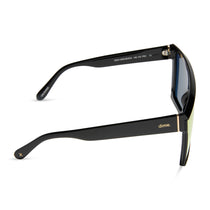 dime optics unlocked shield sunglasses with a black frame and a sunset mirror lenses side view