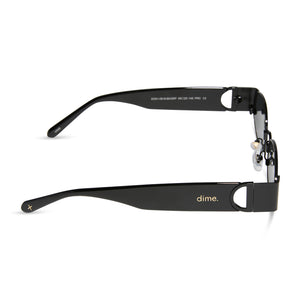 dime optics featuring the vine rectangular sunglasses with a black frame and grey lenses side view
