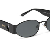 dime optics featuring the vine rectangular sunglasses with a black frame and grey lenses detailed view
