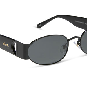 dime optics featuring the vine rectangular sunglasses with a black frame and grey lenses detailed view