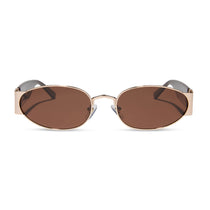 dime optics featuring the vine rectangular sunglasses with a gold and mocha frame and brown lenses front view
