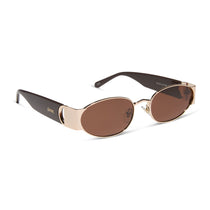 dime optics featuring the vine rectangular sunglasses with a gold and mocha frame and brown lenses angled view