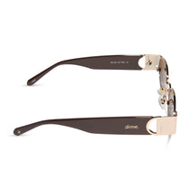 dime optics featuring the vine rectangular sunglasses with a gold and mocha frame and brown lenses side view