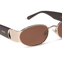 dime optics featuring the vine rectangular sunglasses with a gold and mocha frame and brown lenses detailed view
