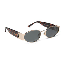 dime optics featuring the vine rectangular sunglasses with a gold and tortoise frame and grey lenses angled view