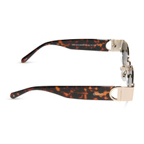 dime optics featuring the vine rectangular sunglasses with a gold and tortoise frame and grey lenses side view