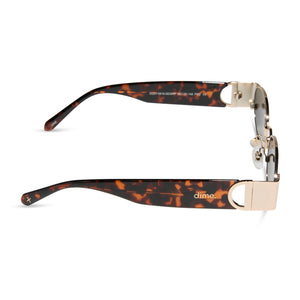 dime optics featuring the vine rectangular sunglasses with a gold and tortoise frame and grey lenses side view