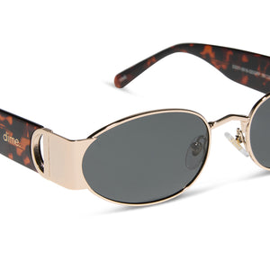 dime optics featuring the vine rectangular sunglasses with a gold and tortoise frame and grey lenses detailed view