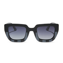 wednesday x dime optics featuring the nevermore academy uniform square sunglasses with a matte black and matte grey frame with grey gradient lenses front view