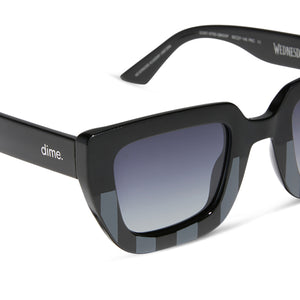 wednesday x dime optics featuring the nevermore academy uniform square sunglasses with a matte black and matte grey frame with grey gradient lenses detailed view