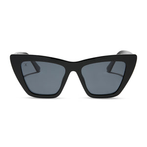 dime optics featuring the windsor cat eye sunglasses with a black frame and grey polarized lenses front view
