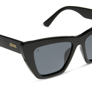 dime optics featuring the windsor cat eye sunglasses with a black frame and grey polarized lenses detailed view