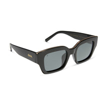 nathalie paris x dime optics amore square sunglasses with a black frame and grey polarized lenses angled view
