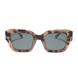 nathalie paris x dime optics amore square sunglasses with a oat tortoise frame and grey polarized lenses front view