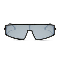 nathalie paris x dime optics mira shield sunglasses with a black frame and grey with silver flash polarized lenses front view