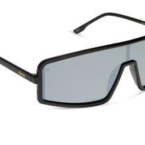 nathalie paris x dime optics mira shield sunglasses with a black frame and grey with silver flash polarized lenses detailed view