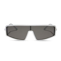 nathalie paris x dime optics mira shield sunglasses with a silver frame and grey polarized lenses front view