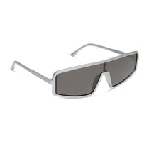 nathalie paris x dime optics mira shield sunglasses with a silver frame and grey polarized lenses angled view