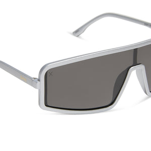 nathalie paris x dime optics mira shield sunglasses with a silver frame and grey polarized lenses detailed view