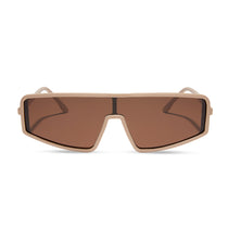 nathalie paris x dime optics mira shield sunglasses with a solid taupe frame and brown polarized lenses front view