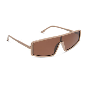 nathalie paris x dime optics mira shield sunglasses with a solid taupe frame and brown polarized lenses angled view