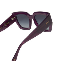 rissa g x dime optics she's a 10 square sunglasses with a amethyst purple frame and grey gradient polarized lenses side view