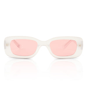 antonio garza x dime optics antonio sunglasses with a milky white frame and neon pink polarized lenses front view