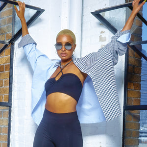 model in AVALON - Matte Black + Grey Mirror 