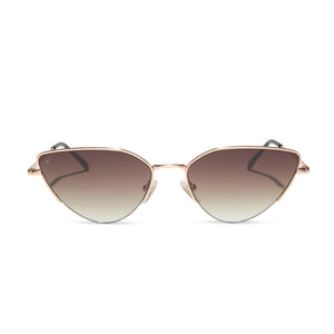 dime optics fairfax cat eye sunglasses with a brushed gold frame and sharp brown gradient lenses front view