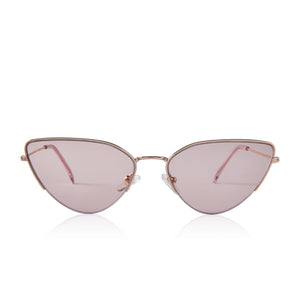 dime optics fairfax cat eye sunglasses with a shiny gold frame and rose pink tint lenses front view