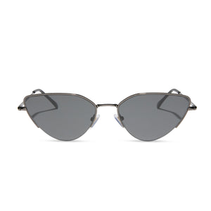 dime optics fairfax cat eye sunglasses with a shiny gunmetal frame and solid grey lenses front view